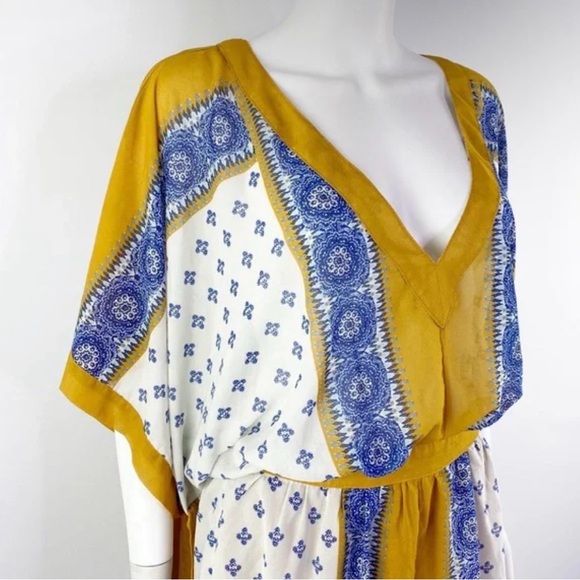 Free People Santa Cruz Kimono Dress Boho Print Tunic Mini Flowy Yellow Blue M - Picture 7 of 13